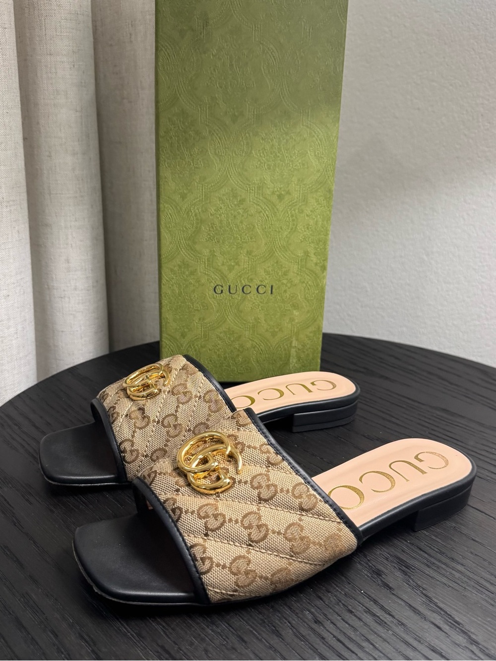 Gucci Jolie GG Marmont Canvas Slide Sandals Beige/Black 38